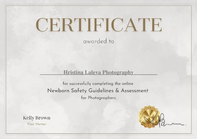 Сертификат Newborn Safety Guidelines & Assessment for Photographers на името на Hristina Laleva Photography
